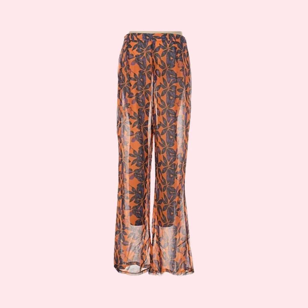 PrettyLittleThing Orange Floral‎ Sheer Wide Leg Pants Beach Cover Up Size 12